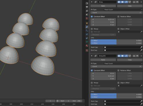 A second array modifier applied 4 times on top of the previous modifier. Now there are 2 * 4 = 8 semi UV spheres.