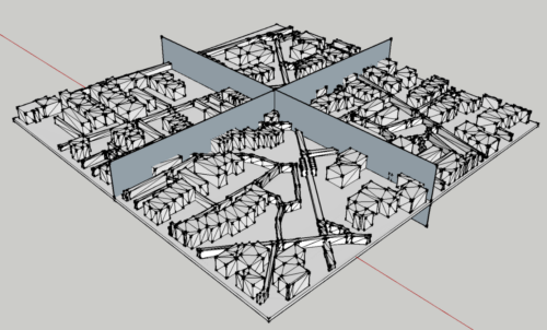 Screenshot of a map imported into Sketchup in STL format. The map is divided into four parts by two planes. 