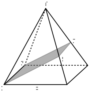Oblique image of a pyramid with plane drawn in. This representation is not accessible for blind pupils.