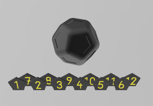 12 sided dice labeled with normal font in black and yellow
