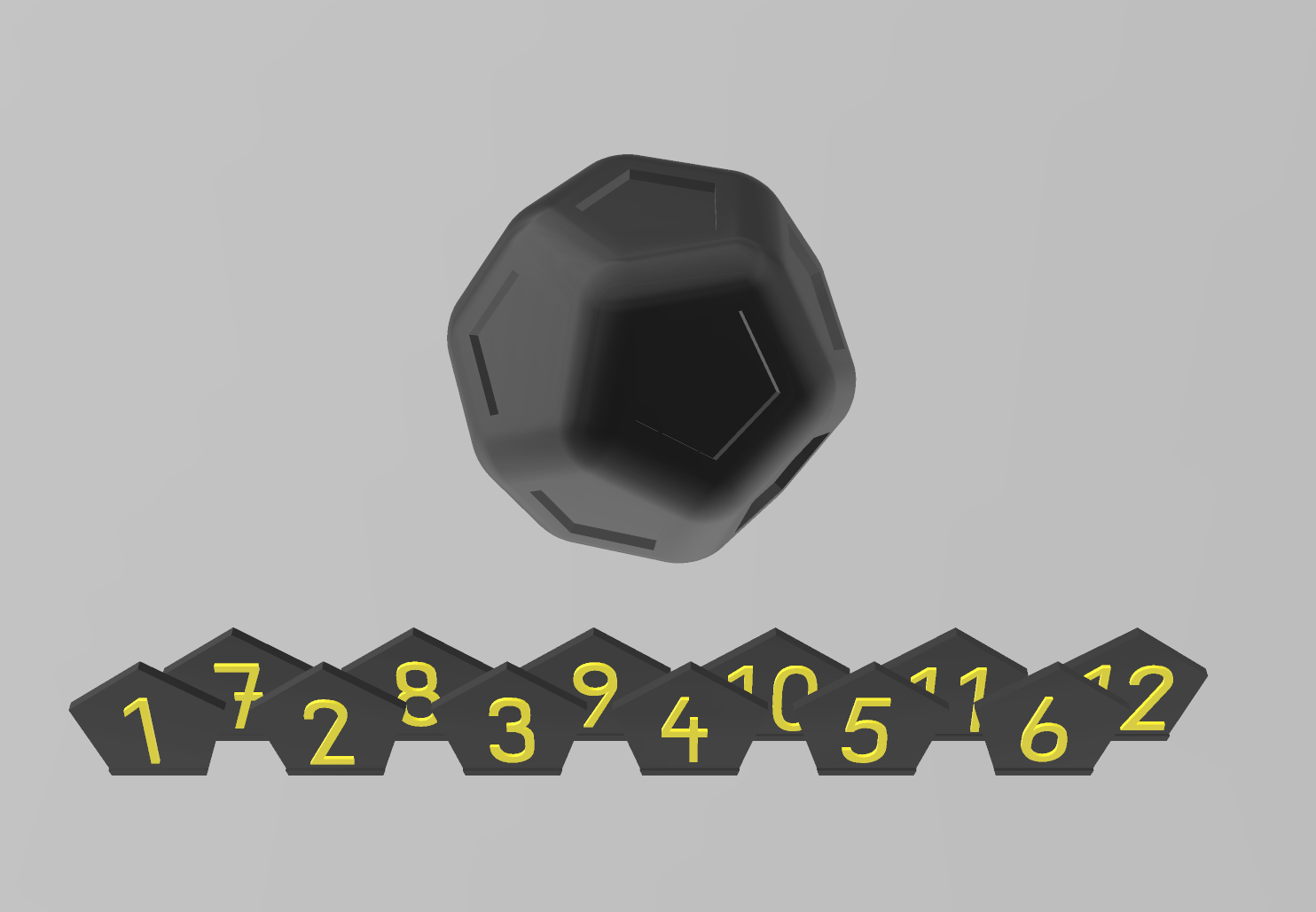 12 sided dice labeled with normal font in black and yellow
