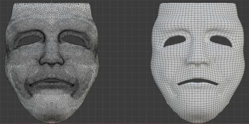 3D mesh. The image shows the topology of two faces. The first one has more polygons and trigons . The second one is made with fewer polygons and quads.