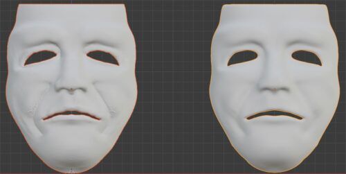 3D object. Two faces are shown. The first one before retopology and the second one after. The second one is smoother than the first.
