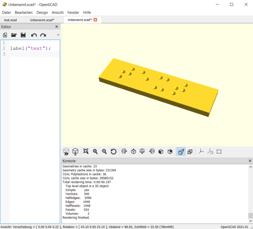 OpenSCAD programming window shows a label with braille.