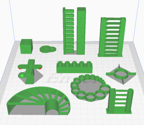 Various test objects on the print bed in the slicer