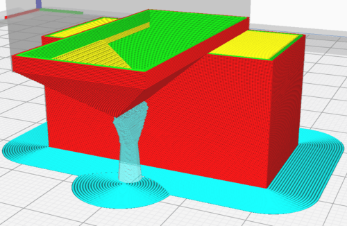 A screenshot of a structure on a build plate in Cura Slicer. The structure consists of a rectangular block with a rectangular block on top that is pointy towards the bottom. The block overhangs severely. Under the overhang a support structure is shown that only connects to the overhang at the pointy end.