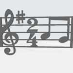 A 3D model of music notation showing the musical staff, a treble cleff, the sharp symbol, a 2 4 time signature and two joined quavers.