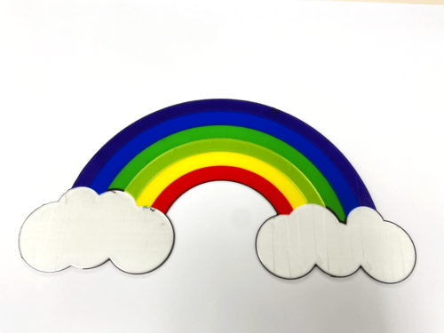 A picture of an example of a 3D printed rainbow with 8 different colors. The outline of the rainbow is black. There are two clouds at the end of the rainbow, both white. The rainbow itself is red, yellow, light green, dark green, purple and blue going from the inside out.