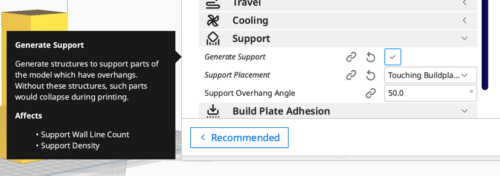 A screenshot of a dropdown menu in the Cura Slicer. Multiple options are displayed. The option 'Generate Support' has a checkbox that is checked. An onmouseover menu is displayed saying: 'generates structures to support parts of the model which have overhangs. Without these structures such parts would collapse during printing. Affects: -support wall line count. -support density.