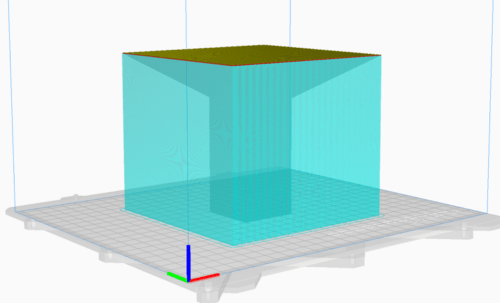 A screenshot of the slicer software where a structure is on the build plate. The structure is a rectangular column with a structure on top that has severe overhangs on all four sides of the column.