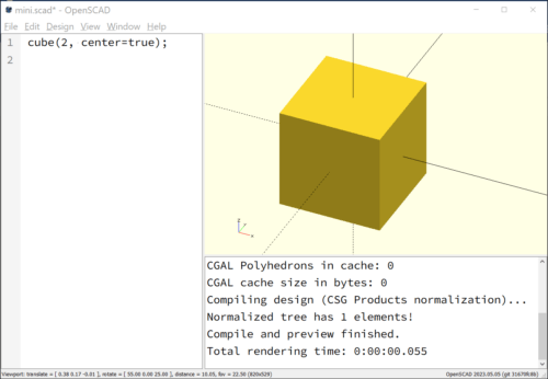 A screenshot of OpenSCAD showing a cube and the corresponding code.