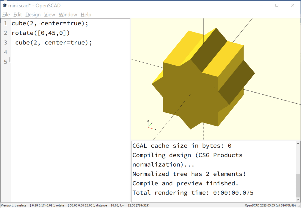 A screenshot of the second step: Now there is a second cube within the first one. The second cube has been rotated by 45 degrees so that both cubes together resemble a star.