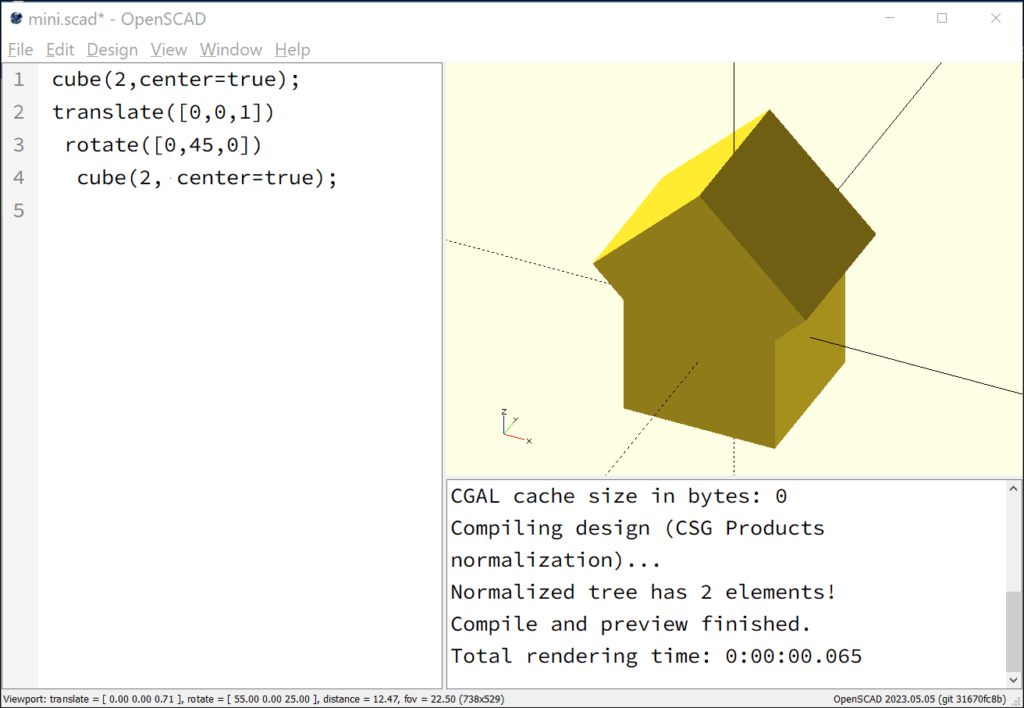 A screenshot of the third step: The second cube has been shifted so that a triangle protrudes from the first cube. I faintly resembles a roof.