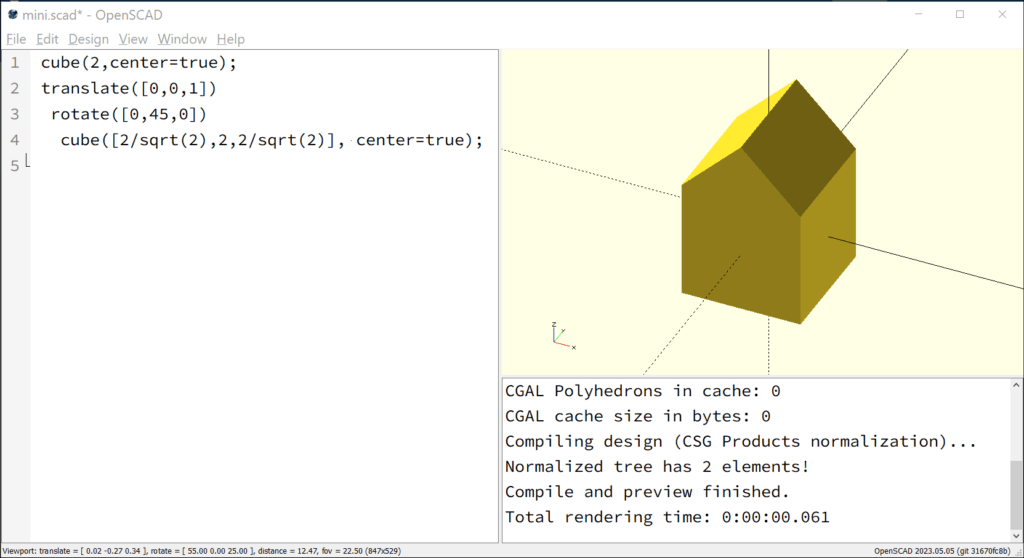 A screenshot of the last step: The size of the second cube has been adjusted. Now, it fits perfectly on the other cube forming its triangular roof.