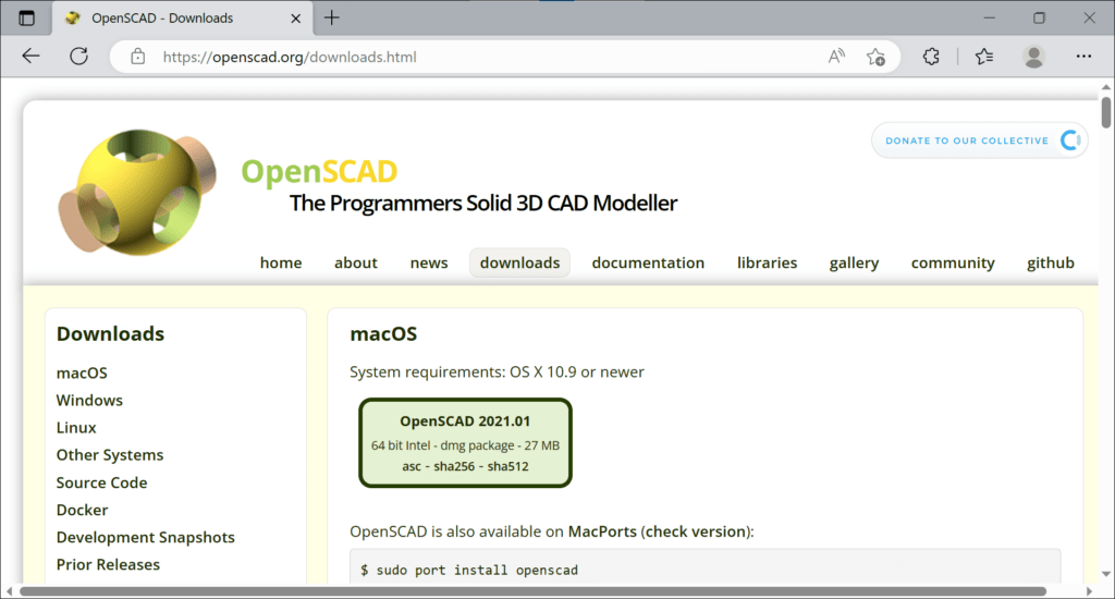 The screenshot shows the webpage "https://openscad.org/downloads.html". It offers versions for download for all standard operating systems.