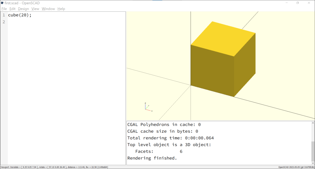 The application window of OpenSCAD is shown. The file "first.scad" is open, and the editor contains the text "cube(20);". The preview window shows a preview of a cube, and the console displays the message "Rendering finished" as the last output.