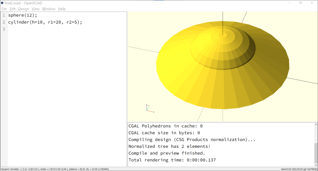 The screenshot shows two objects, a sphere and a cylinder, modelled in OpenSCAD according to the program code given above. The objects are displayed in the preview window. They resemble the classic representation of a flying saucer or UFO.
