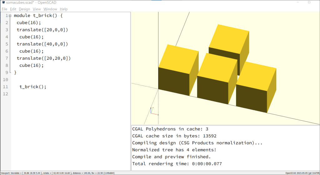 Screenshot of OpenSCAD showing four cubes.