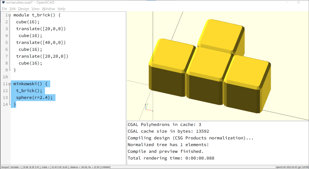 Screenshot of OpenSCAD showing four cubes which are connected. Their edges are rounded.