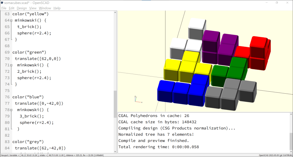 Screenshot of OpenSCAD showing the seven different Soma pieces in different colours.