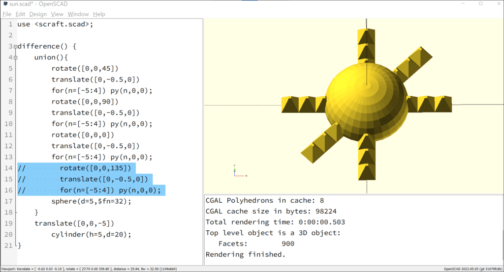 The object represents a model of the sun. The sun is shown as a hemisphere, and the rays radiating from it are symbolised by linearly arranged pyramids. Two rays are missing.