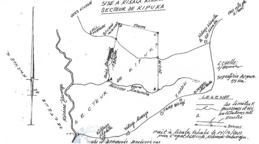 Hand draw map with indications of rivers, roads and villages.