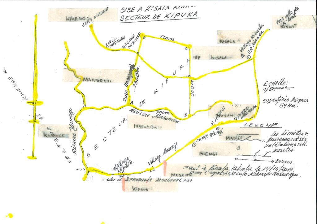 A laminated A4 map with roads and rivers marked with glue. Braille is applied.