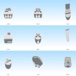 Overview image showing nine tactile 3D models used in computer networking education: L2 switch, L3 switch, laptop, printer, router, server, WiFi access point, cloud, and firewall.