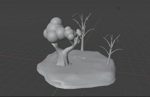 The final 3D model: round shapes are added to one of the tree's crowns.