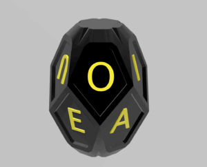 Dice with Letters A, E, I, O, U in normal font