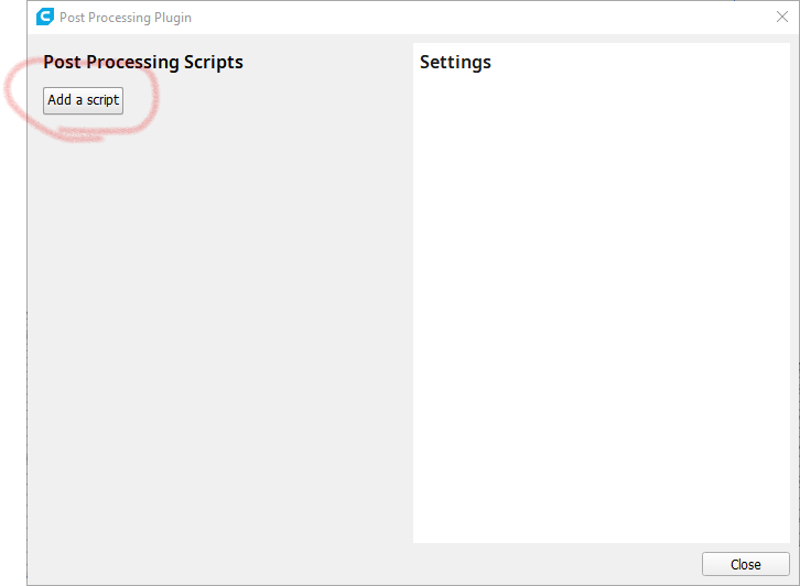 Window of Post Processing Plugin, Add a script button selected