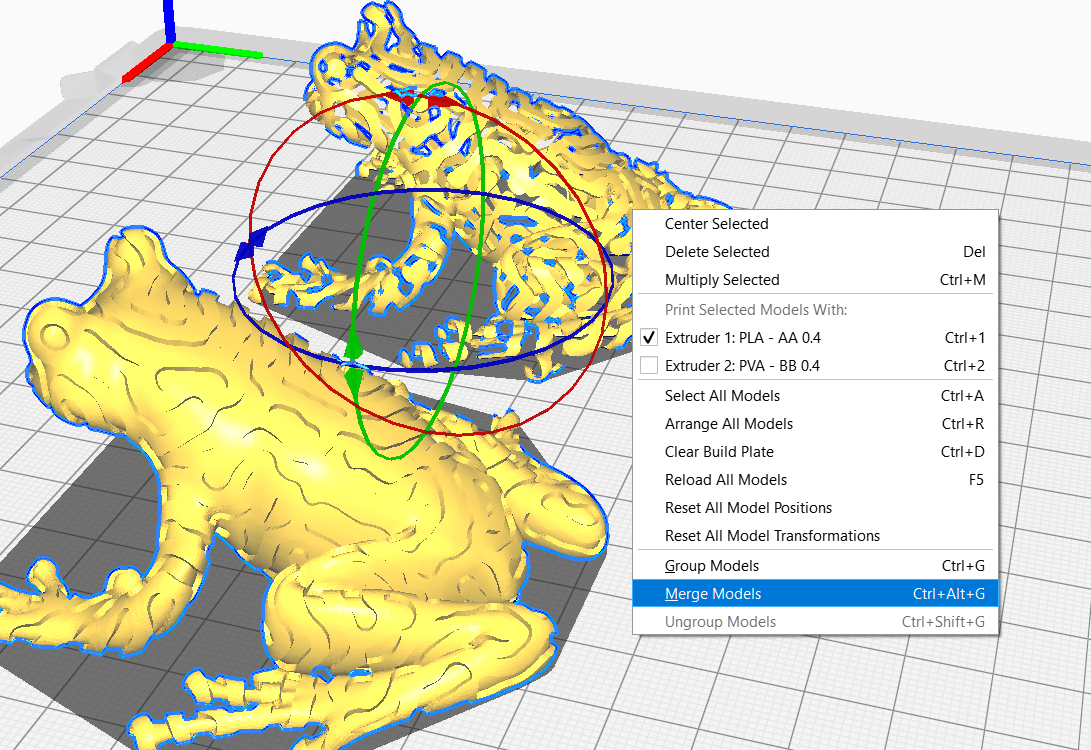 Almost the same screenshot as before of the two submodels of the frog, but here a dropdown menu is presented with the option