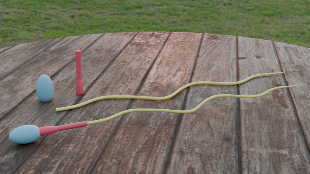 3D render of a sperm cell on a wooden table next to another one with its different parts separated (head, neck and tail).