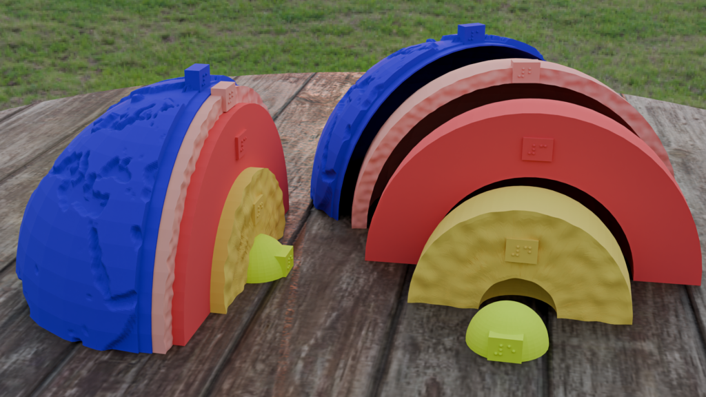 A 3D render of a model of the internal structure of the Earth with its different layers on a wooden table. To the right, the individual layers can be seen separate from each other.
