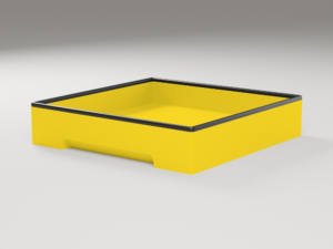 EN: Side view of the yellow tray showing the recessed grip notch at the bottom. DE: Seitenansicht der gelben Schale mit Griffmulde an der Unterkante.