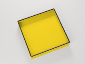 EN: Top view into the empty yellow tray with its flat floor. DE: Draufsicht in die leere gelbe Schale mit flachem Boden.