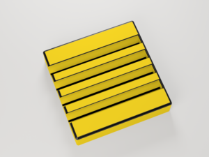 EN: Top view of the yellow pen holder with four parallel grooves marked in black. DE: Draufsicht auf den gelben Stifthalter mit vier parallelen, schwarz markierten Mulden.